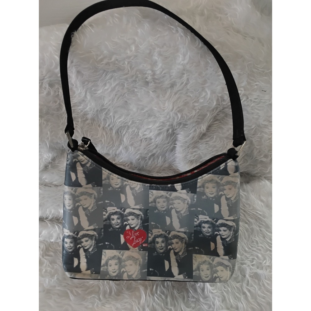 I Love Lucy Vintage Photo Print Shoulder Bag Black White Gingham Lining Small